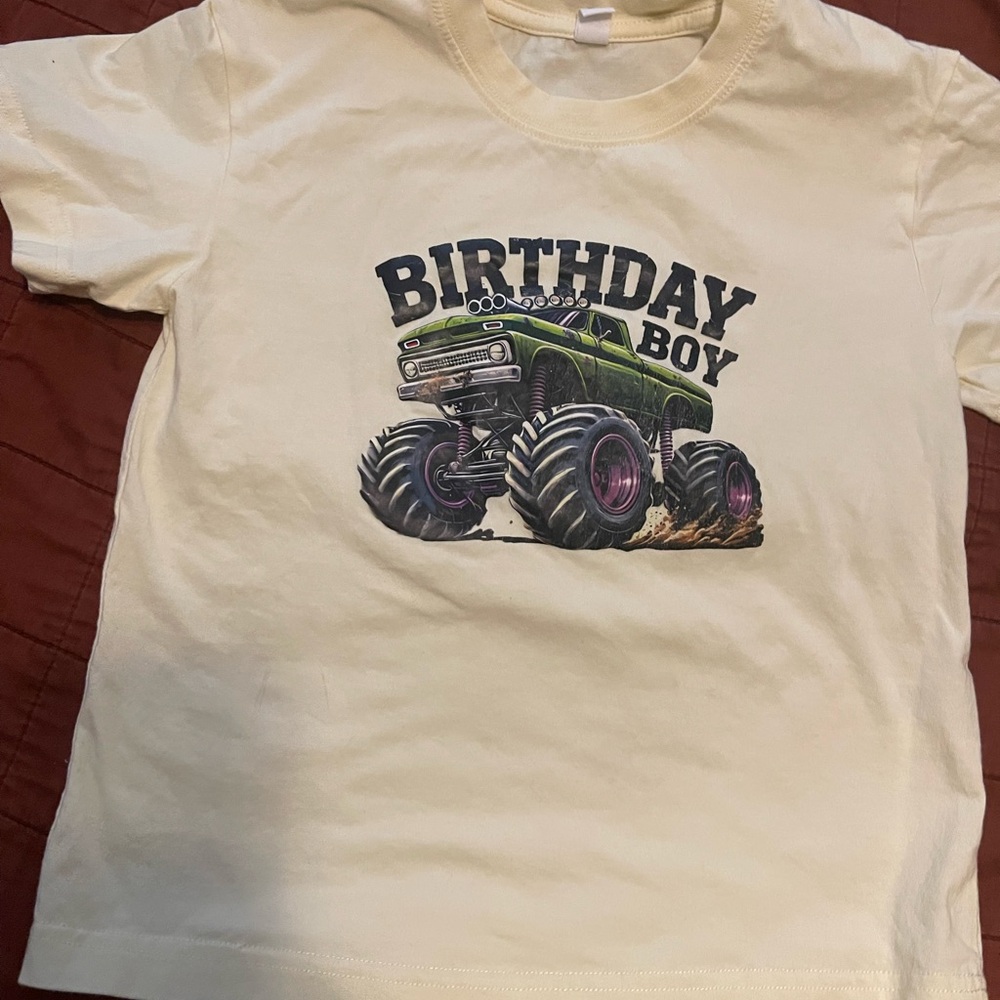 Birthday Boy Monster Truck Kids Shirt - Cream
